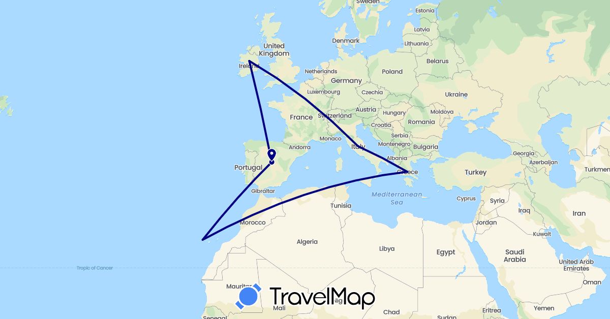 TravelMap itinerary: driving in Spain, Greece, Ireland, Italy (Europe)